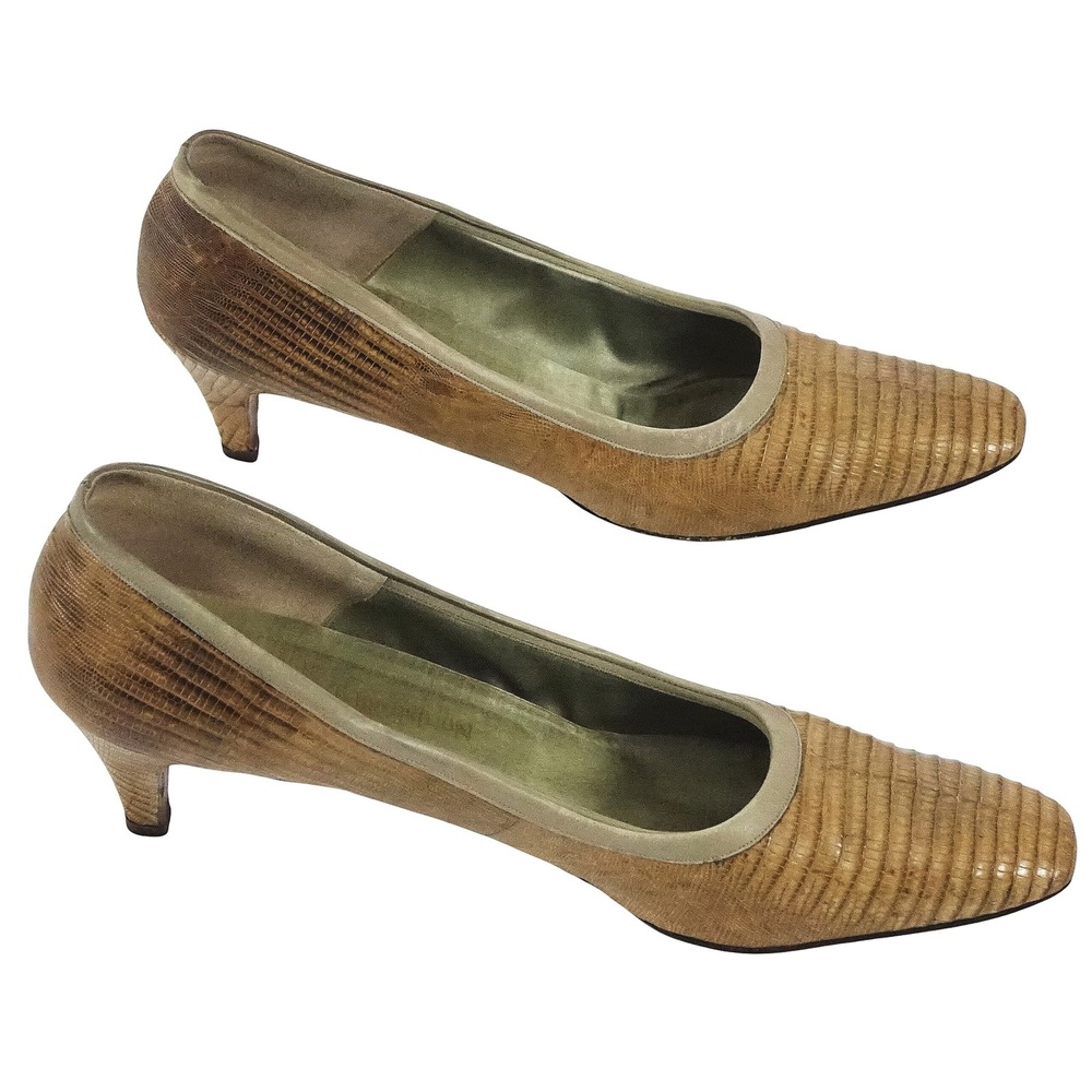 Vintage Florsheim Snakeskin Pumps Women 10.5 3A Tan Kitten‎ Heel Lizard W3543
